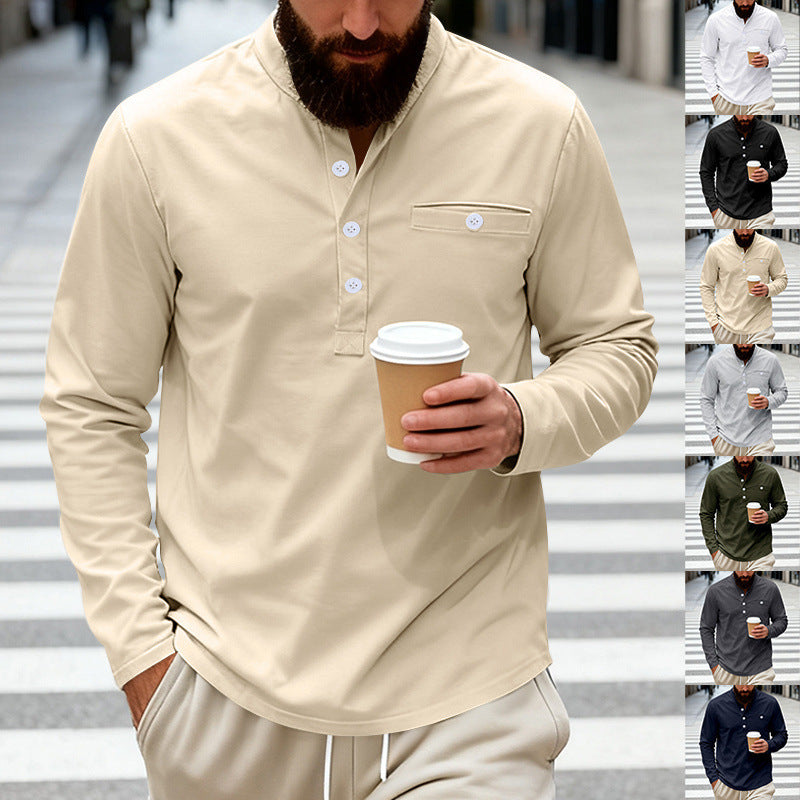 Herren Lässiges Henley-Langarmshirt mit Stehkragen, Brusttasche und abgerundetem Saum Shop Nory