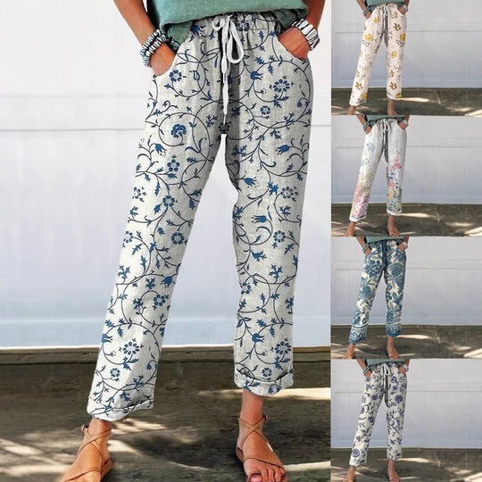 Damen Leinenoptik-Hose mit floralem Print, weitem Bein und Tunnelzug Shop Nory