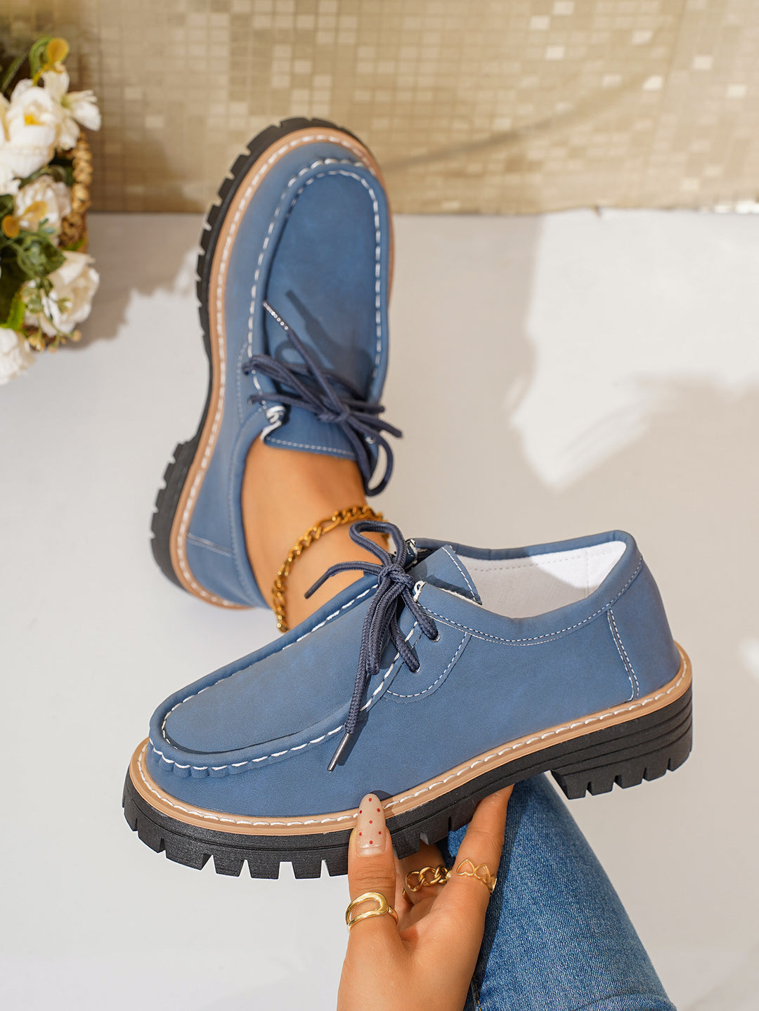 Damen elegante Derby-Schnürer aus Lederimitat mit Mokassinnaht und grober Profilsohle Shop Nory