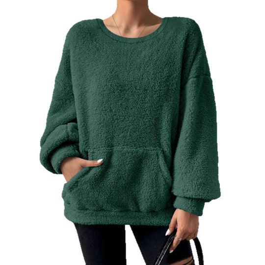 Damen Kuscheliger Oversize-Sherpa-Pullover mit Kängurutasche und Ballonärmeln Shop Nory