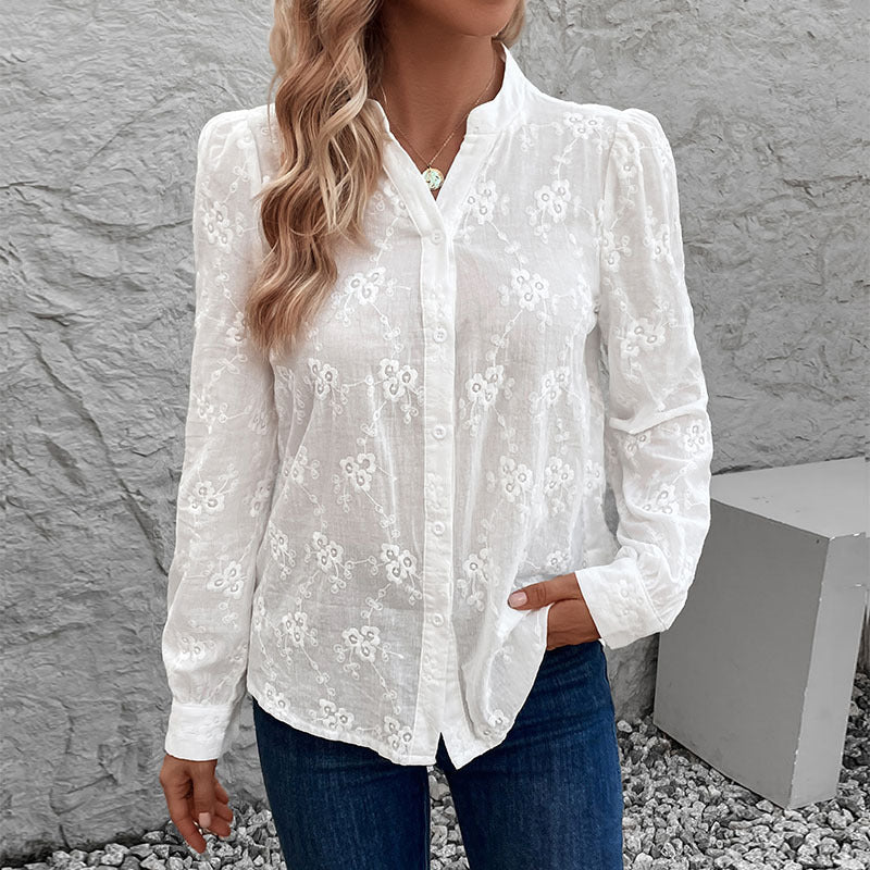 Damen Leichte bestickte Voile-Bluse mit Stehkragen und durchgehender Knopfleiste Shop Nory