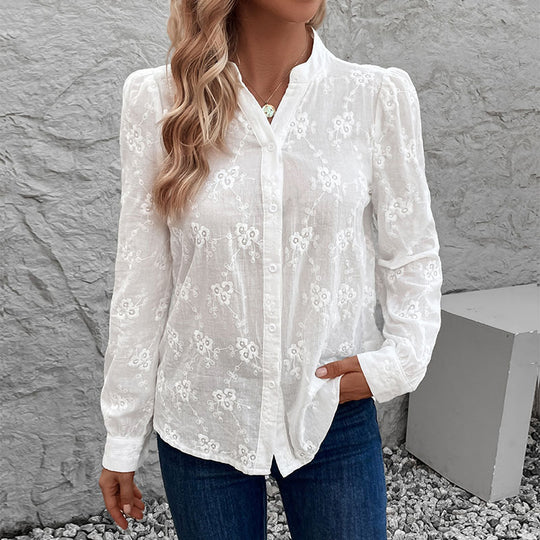 Damen Leichte bestickte Voile-Bluse mit Stehkragen und durchgehender Knopfleiste Shop Nory