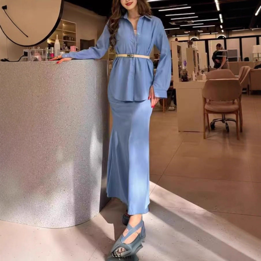 Damen Zweiteiliges Set Schlauchmaxirock mit ausgestelltem Saum und Oversize-Hemd Shop Nory