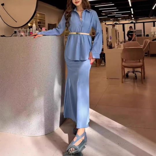 Damen Zweiteiliges Set Schlauchmaxirock mit ausgestelltem Saum und Oversize-Hemd Shop Nory