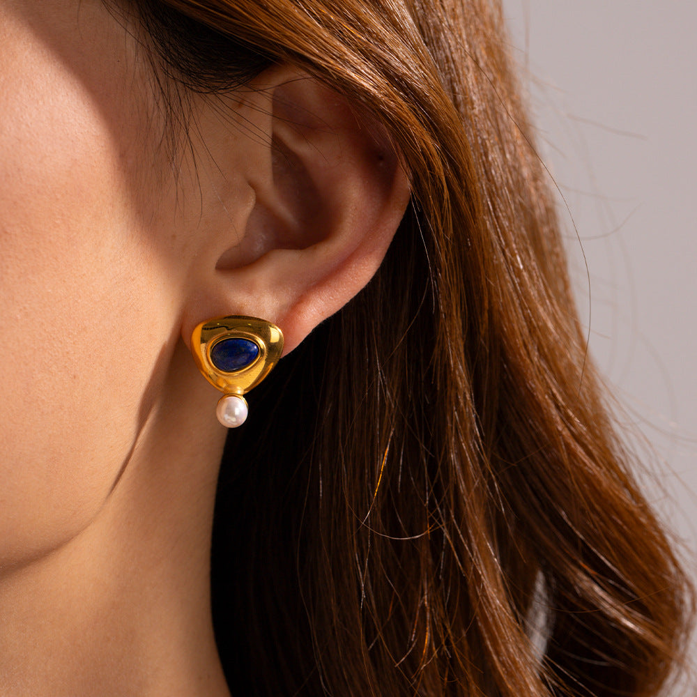 Damen Ohrhänger mit exquisite blau-emalitierte Details und schimmernden Perlen Shop Nory