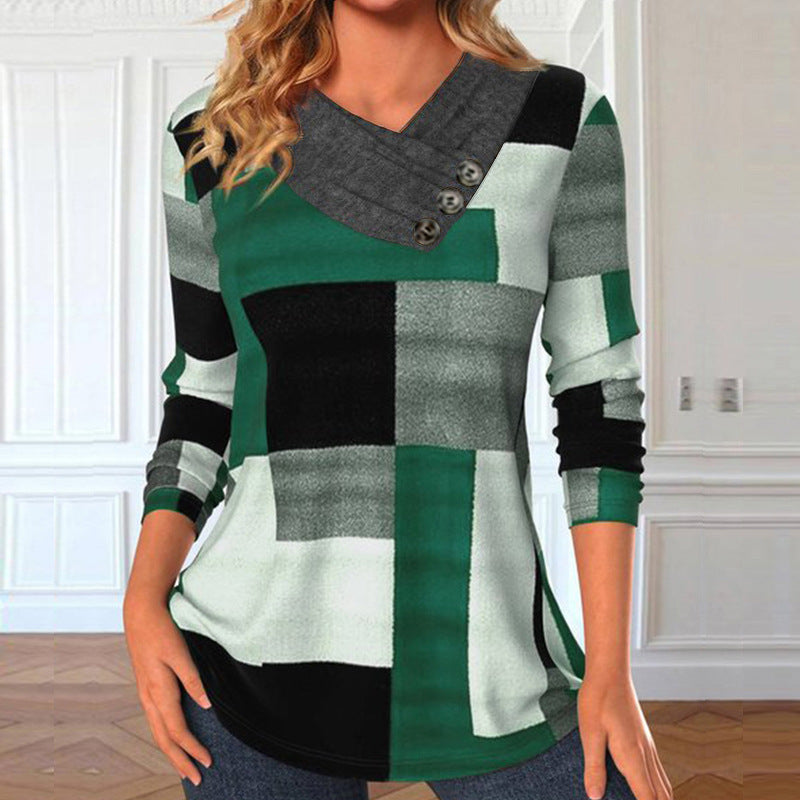 Damen Longsleeve-Tunika mit geometrischem Colorblock und asymmetrischem Knopf-V-Ausschnitt Shop Nory