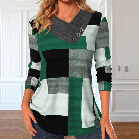 Damen Longsleeve-Tunika mit geometrischem Colorblock und asymmetrischem Knopf-V-Ausschnitt Shop Nory