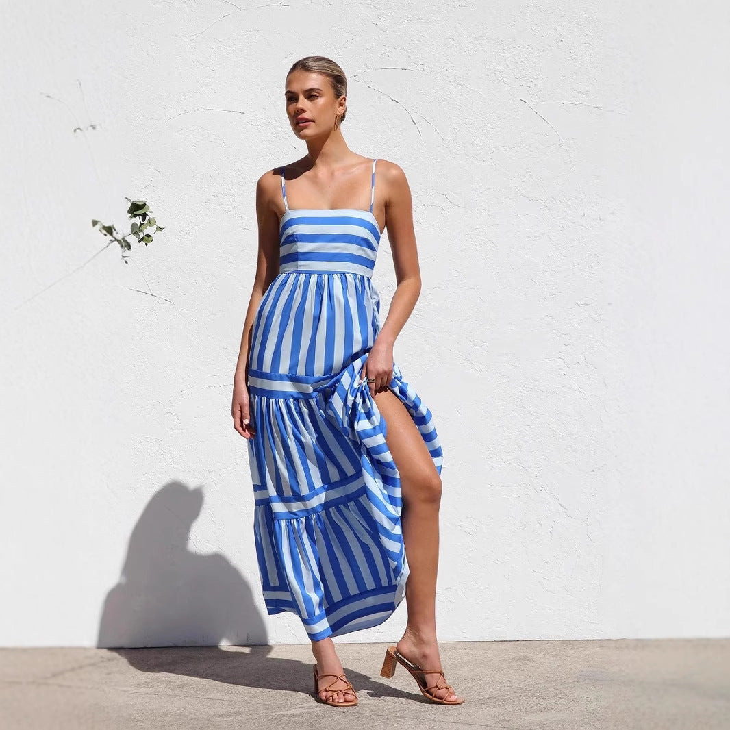 Damen Maxikleid mit Streifenmuster und fließendem Rock
