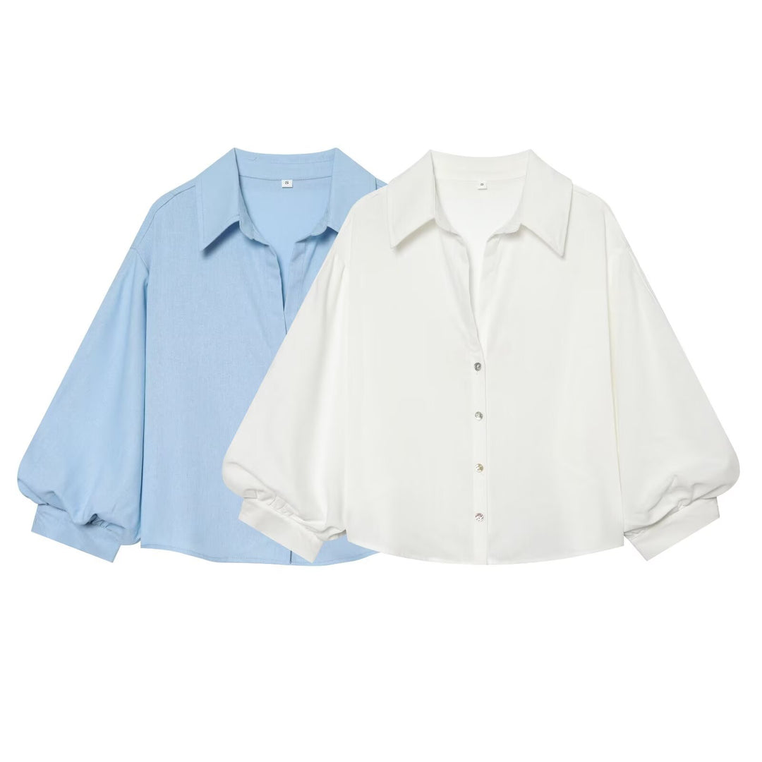 Damen weit geschnittene Oversize-Bluse mit Ballonärmeln und Hemdblusenkragen Shop Nory