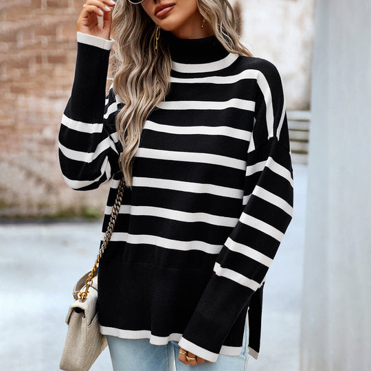 Damen nan Oversize Rollkragenpullover mit Querstreifen, weitem Schnitt und seitlichen Schlitzen Shop Nory