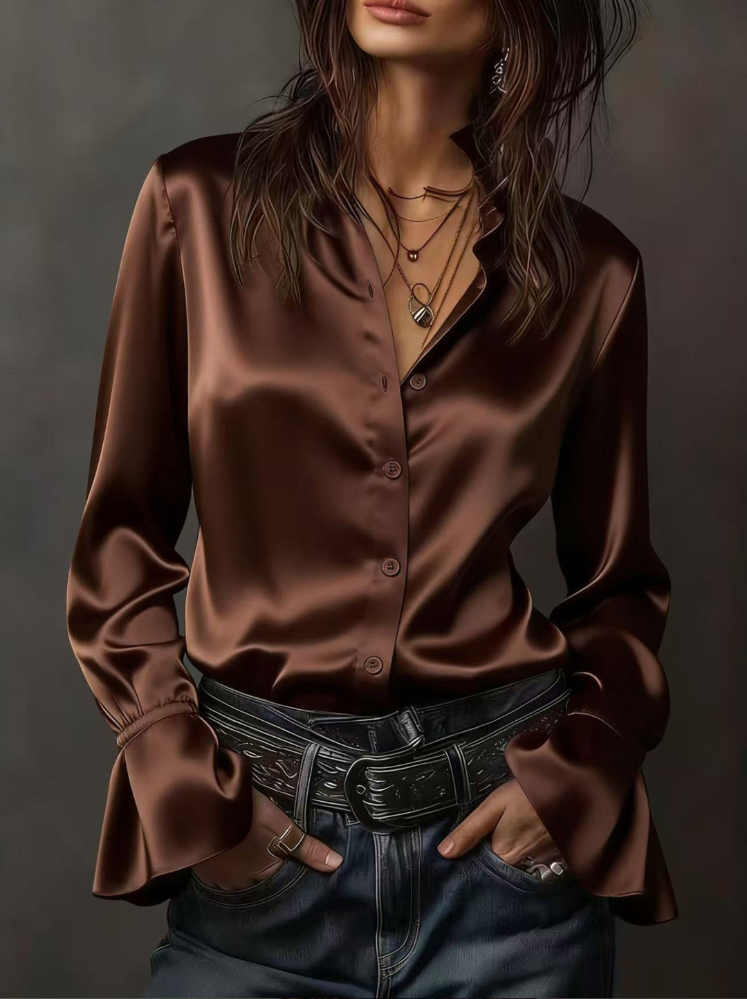 Damen Seidenglänzende Satinbluse mit Stehkragen, Knopfleiste und Volantärmel Shop Nory