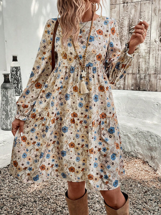 Damen Geblümtes Stufenmidikleid mit Rundhalsausschnitt, geraffter Taillenpartie und Ballonärmeln Shop Nory