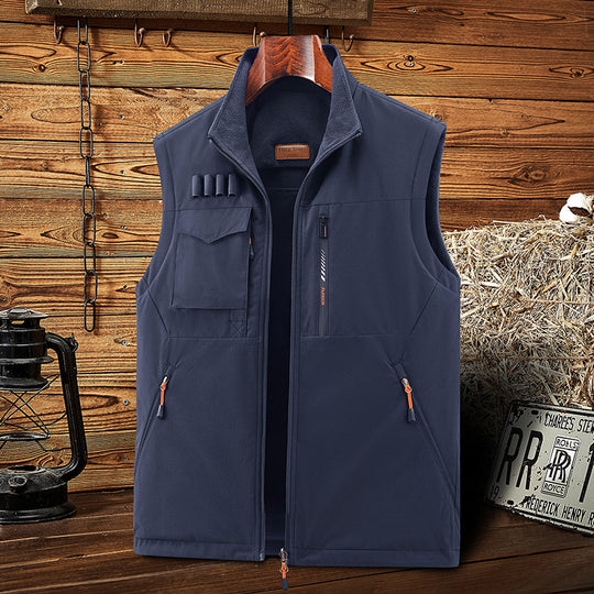Herren Ärmellose Softshell-Outdoor-Weste mit Fleecefutter, hohem Stehkragen und Multifunktions‑Taschen Shop Nory