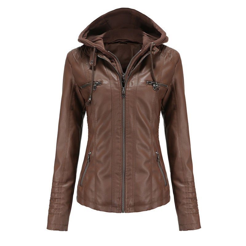 Damen Taillierte Kunstlederjacke mit abnehmbarer Kapuze und Reißverschluss Shop Nory