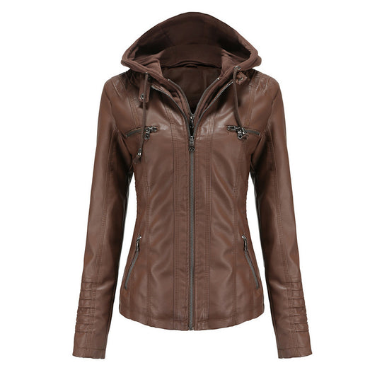 Damen Taillierte Kunstlederjacke mit abnehmbarer Kapuze und Reißverschluss Shop Nory