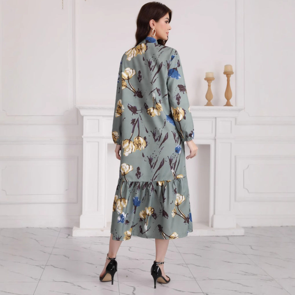 Damen Hemdblusenkleid mit Aquarell-Blumenprint, Stehkragen & Stufenrock Shop Nory