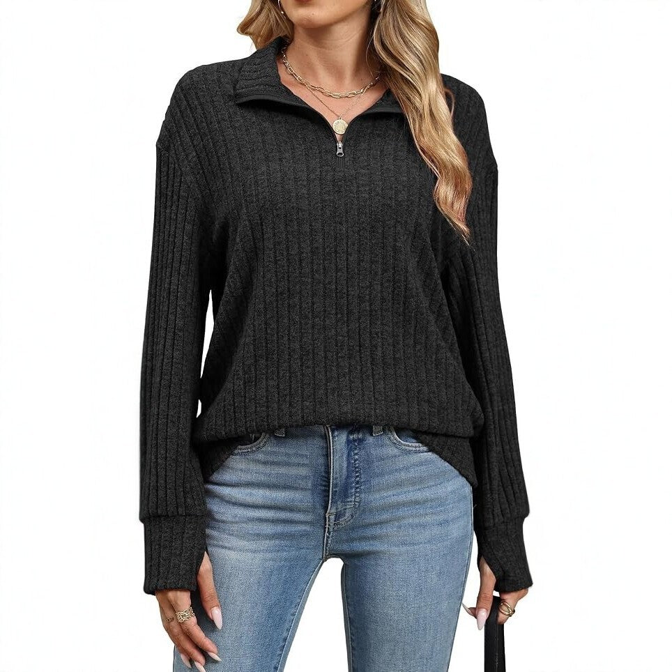 Damen Gerippter Halfzip-Pullover mit Stehkragen und Relaxed-Fit Shop Nory