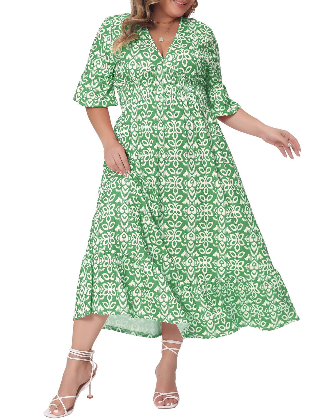 Damen Midikleid in A‑Linie mit grafischem Allover‑Print, geraffter Taillenpartie und Volantstufen Shop Nory
