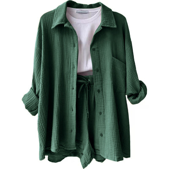 Damen nan lässiges oversized Hemd und Shorts Set mit Brusttasche Kordelbund und gerauter Baumwollstruktur Shop Nory