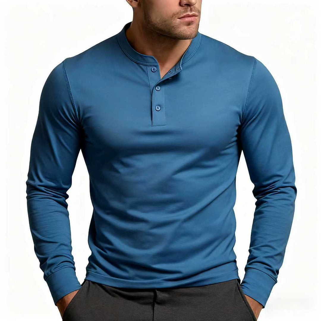 Herren nan tailliertes Langarm-Henley-Shirt aus Baumwollmix mit Knopfleiste Shop Nory