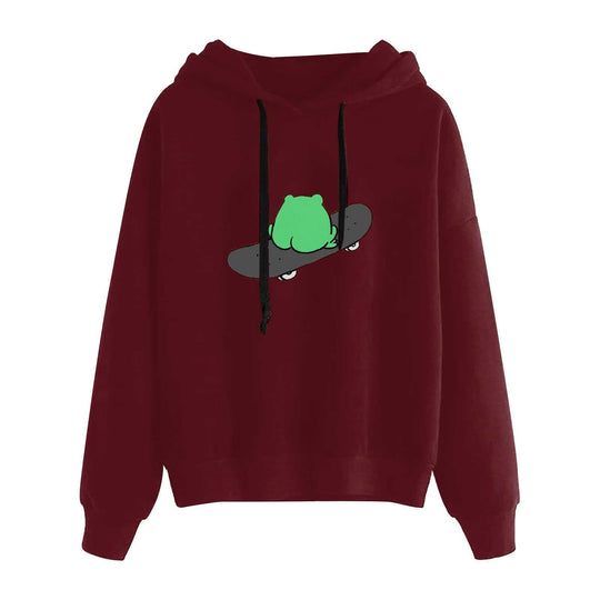 Damen nan kurz geschnittener Cropped-Kapuzenpullover mit niedlicher Frosch-Illustration und verstellbarer Kapuze Shop Nory