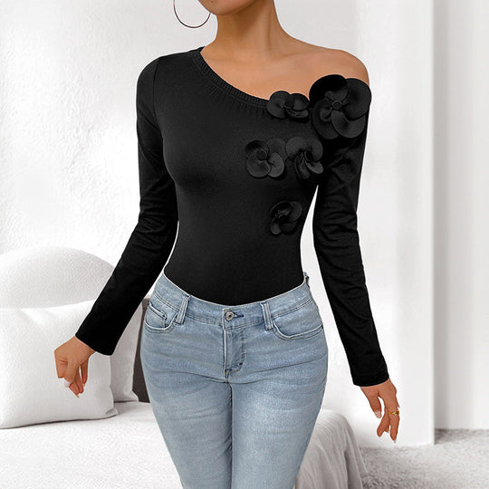 Damen figurbetonter Ein-Schulter-Body mit Langarm und 3D-Blüten Shop Nory