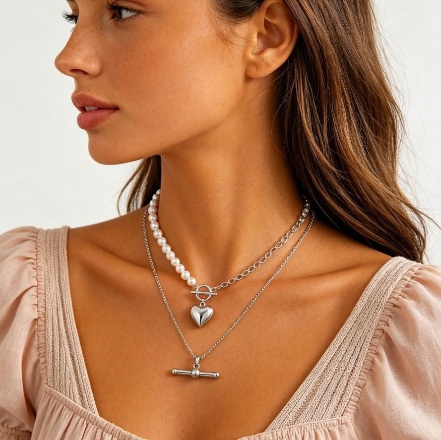 Damen Halskette mit Perlenanhänger und charmantem Herzdesign Shop Nory