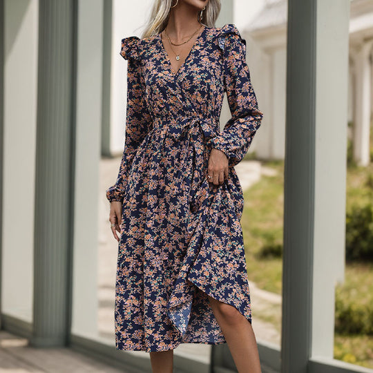 Damen Wickel-Midikleid mit V‑Ausschnitt, Volant-Schultern & Taillenband Shop Nory