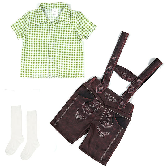 Damen nan traditionelle Trachtenlederhose mit verstellbaren Trägern und kariertem Blusen-Set Shop Nory