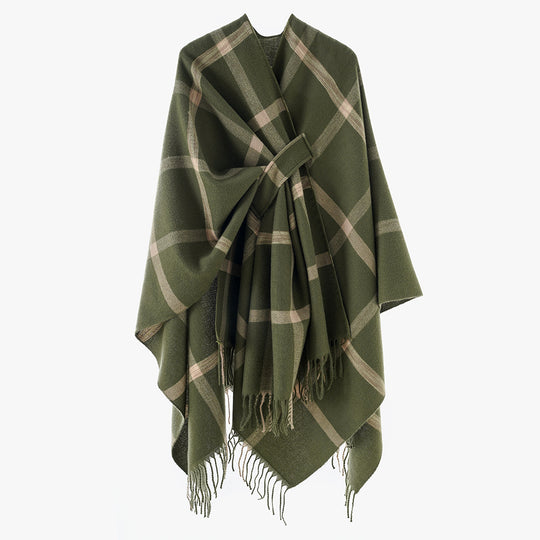 Damen Cape‑Poncho mit integriertem Bindegürtel, kastiger Oversize‑Silhouette und Fransensaum Shop Nory