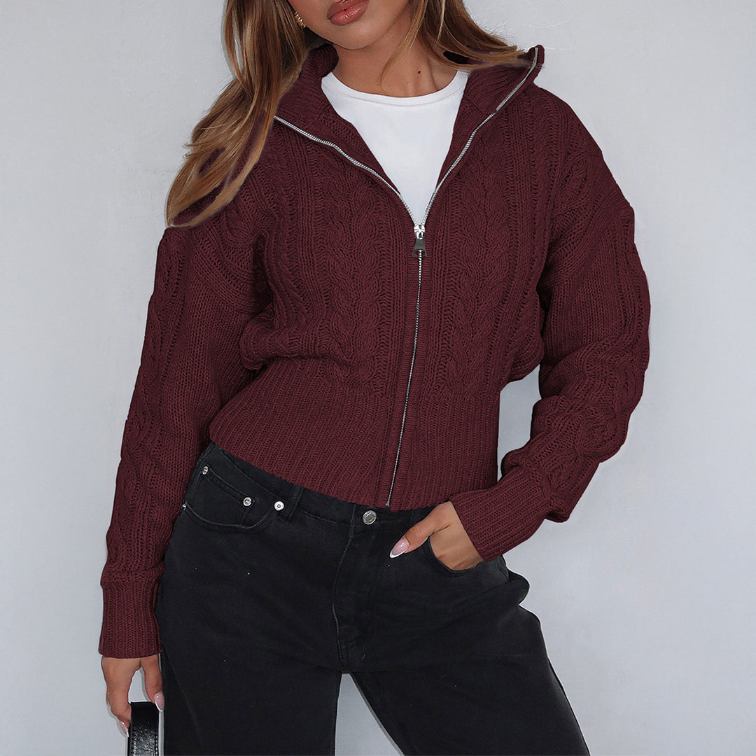 Damen nan kurz geschnittener Zopfstrick-Cardigan mit durchgehendem Reißverschluss, Stehkragen und Ballonärmeln Shop Nory