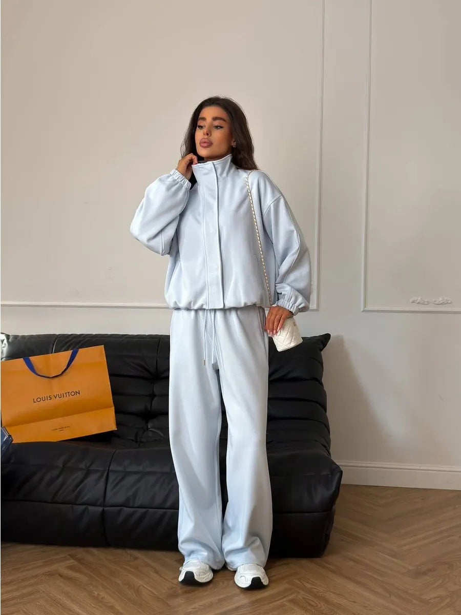 Damen gekürztes Reißverschluss-Hoodie mit Stehkragen und hochgeschnittener Kordel-Jogginghose Shop Nory