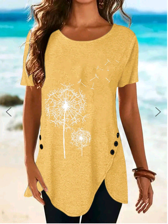 Damen Kurzarmshirt mit asymmetrischem Saum und Dandelion-Print