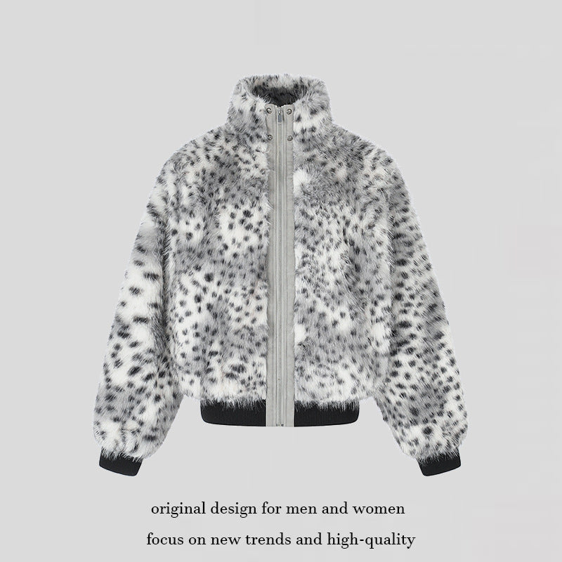 Damen Gekürzte Kunstfell‑Bomberjacke mit hohem Stehkragen, gepunktetem Leo‑Muster und geripptem Saum Shop Nory
