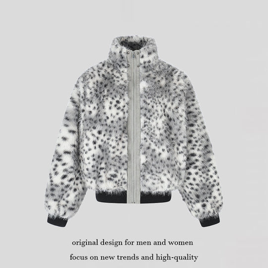 Damen Gekürzte Kunstfell‑Bomberjacke mit hohem Stehkragen, gepunktetem Leo‑Muster und geripptem Saum Shop Nory