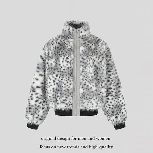 Damen Gekürzte Kunstfell‑Bomberjacke mit hohem Stehkragen, gepunktetem Leo‑Muster und geripptem Saum Shop Nory