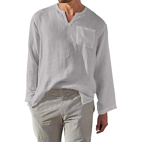 Herren Leinen Langarmshirt mit Henley-Ausschnitt und Brusttasche