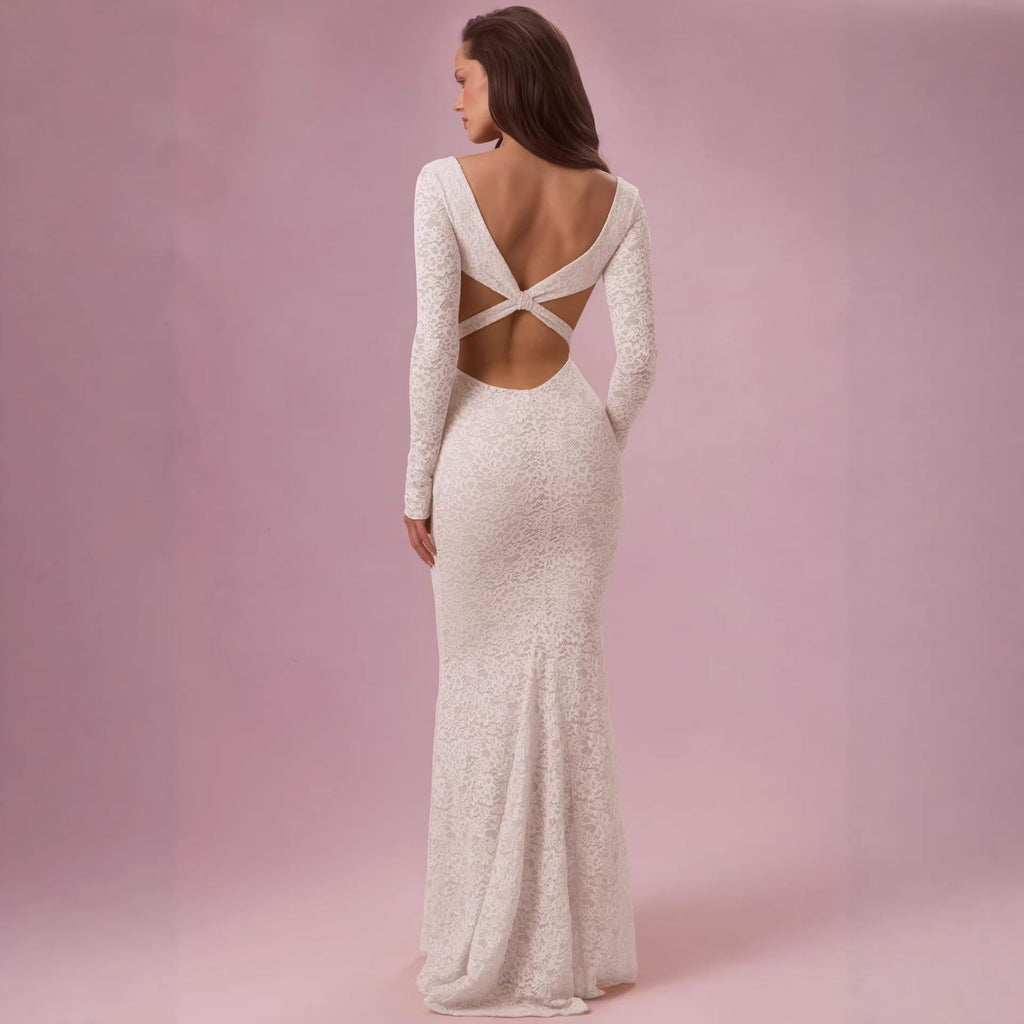Damen Elegantes Spitzen-Maxikleid mit taillierter Silhouette und langem Arm Shopnory