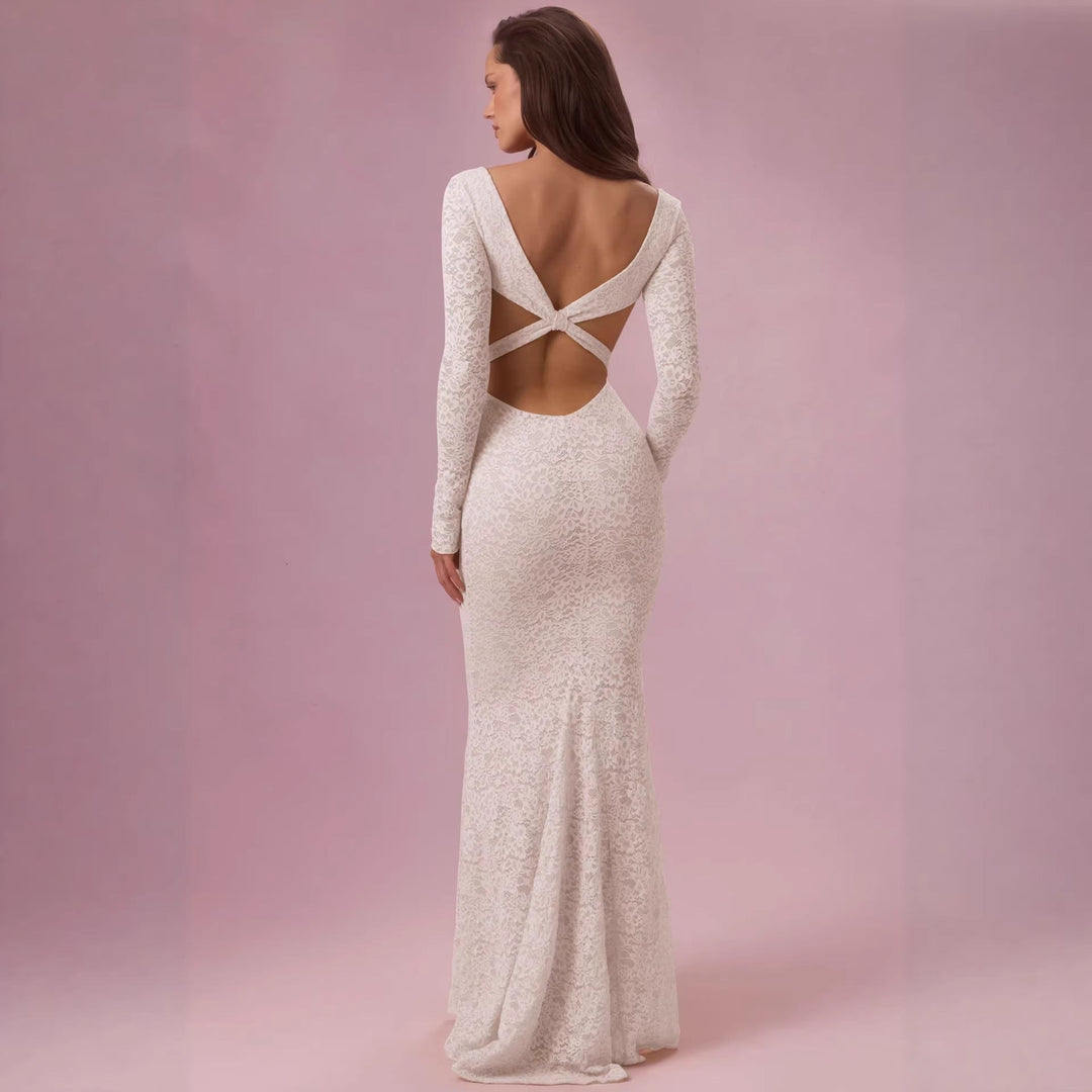Damen Elegantes Spitzen-Maxikleid mit taillierter Silhouette und langem Arm Shopnory