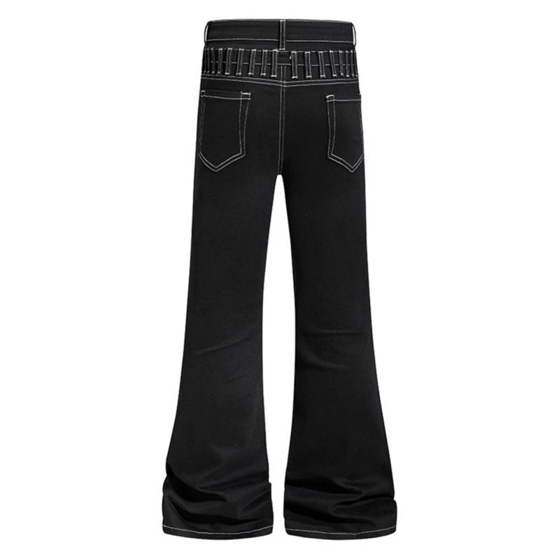 Damen hochgeschnittene Schlagjeans mit weitem Bein, Utility-Tasche und Kontrastnähten Shop Nory