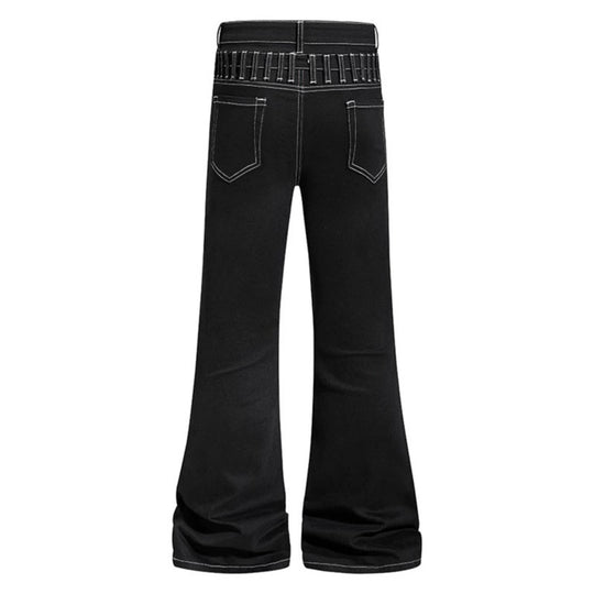 Damen hochgeschnittene Schlagjeans mit weitem Bein, Utility-Tasche und Kontrastnähten Shop Nory