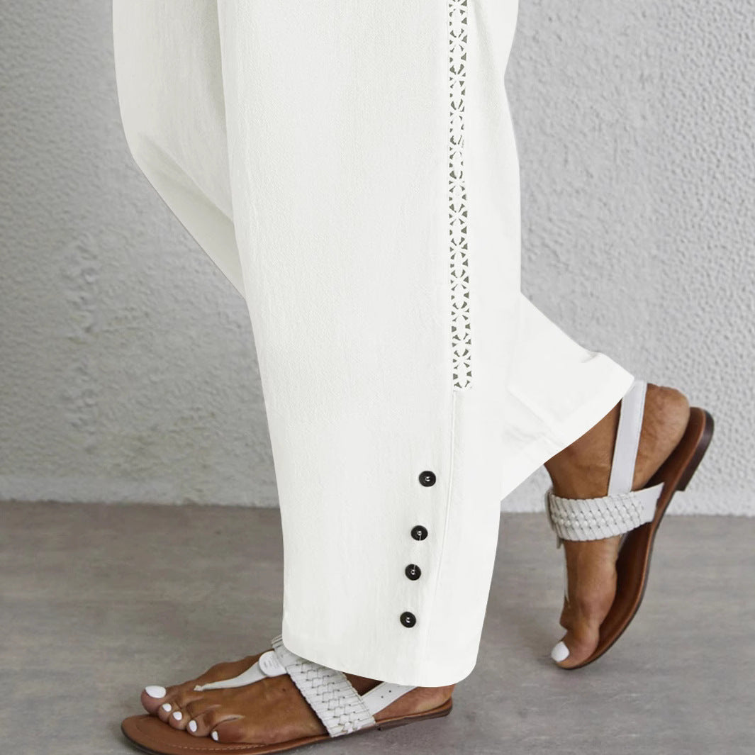 Damen Leichte Palazzo-Hose mit Gummibund, Tunnelzug und Zierknopf-Detail Shop Nory