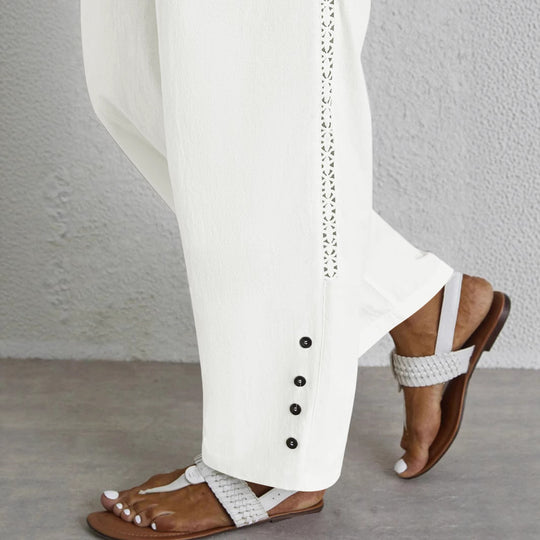 Damen Leichte Palazzo-Hose mit Gummibund, Tunnelzug und Zierknopf-Detail Shop Nory