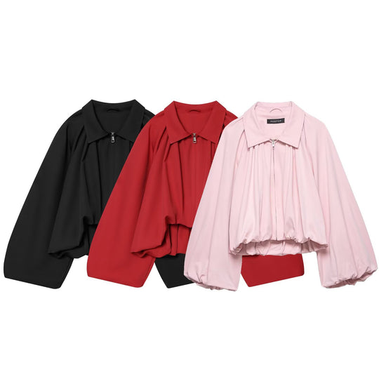 Damen Kurz geschnittene Blousonjacke mit weitem Ballonärmel, Reißverschluss und elastischem Saum Shop Nory