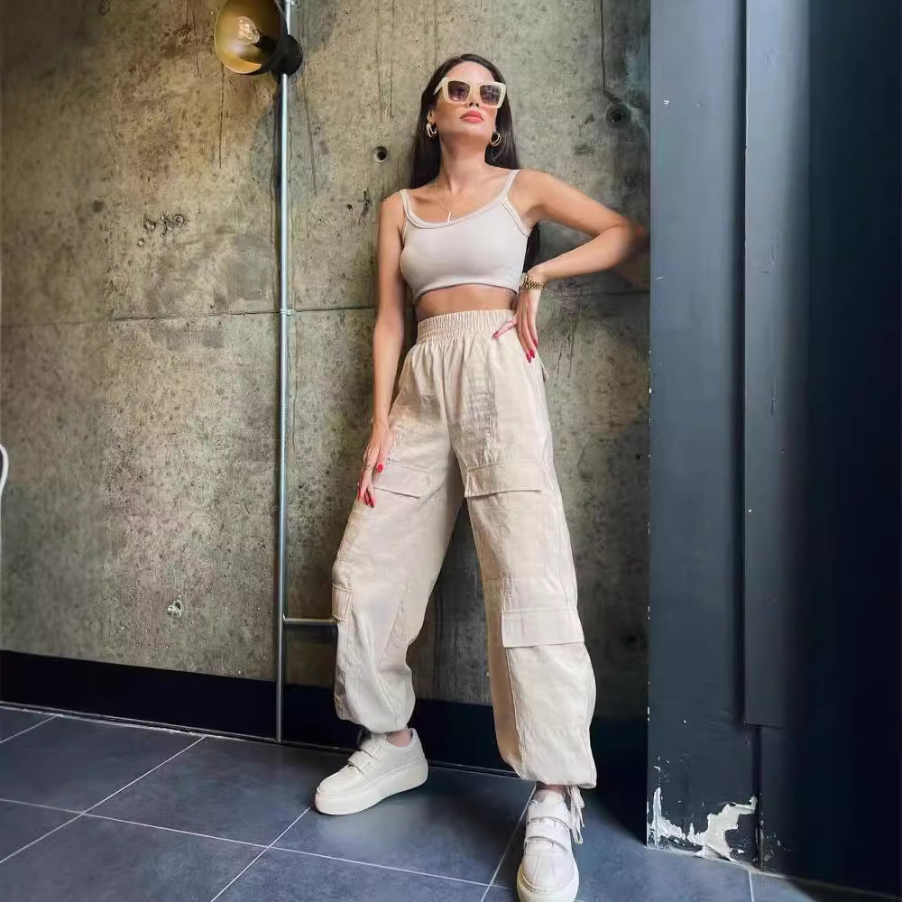 Damen Cargo-Haremshose mit hoher elastischer Taille und aufgesetzten Klappentaschen Shop Nory