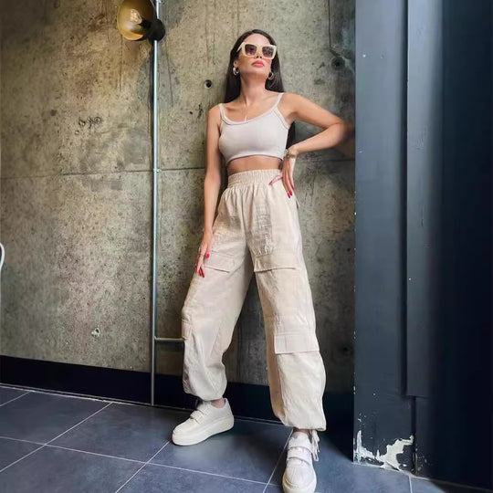 Damen Cargo-Haremshose mit hoher elastischer Taille und aufgesetzten Klappentaschen Shop Nory