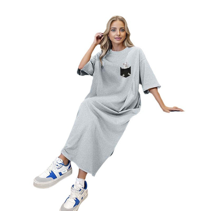 Damen nan lässiges Maxikleid Loungekleid mit Brusttasche und Katzenprint Shop Nory