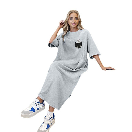 Damen nan lässiges Maxikleid Loungekleid mit Brusttasche und Katzenprint Shop Nory