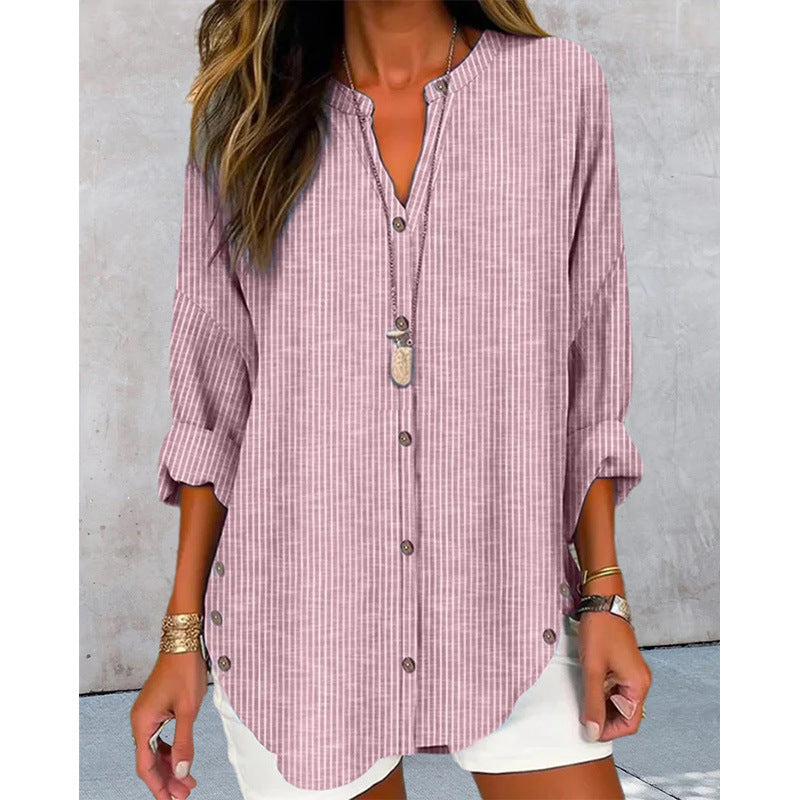 Damen Langarm Blusenshirt mit Knopfleiste und asymmetrischem Saum