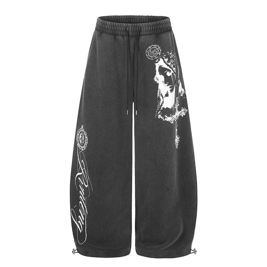 Damen Extraweite Palazzo‑Haremshose aus Sweat mit hohem Komfortbund, Tunnelzug und großflächigem Grafikprint Shop Nory
